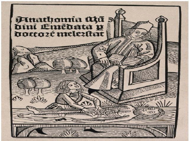 man seated in a chair in a landscape, holding an open book, directing a dissection which is taking place in the foreground. Line block after a woodcut, c. 1493. Credit: Wellcome Collection